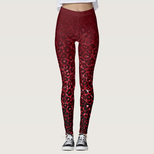 Dark Red Gradient Leopard Print Leggings (Front)