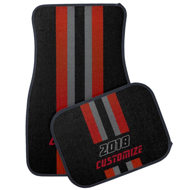 Dark Red, Gray And Black Race Double Stripes Car Mat (Set)