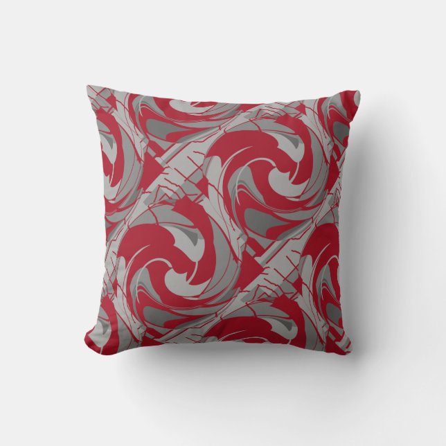 Dark Red Gray Charcoal Diagonal Swirling Abstract Throw Pillow (Front)