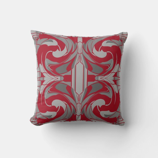 Dark Red Gray Charcoal Ornate Swirling Large Tiles Throw Pillow (Front)