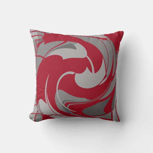Dark Red Gray Charcoal Swirling Abstract Flower Throw Pillow (Front)