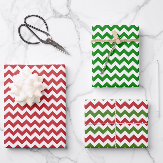 Dark Red, Green and White Chevron Wrapping Paper Sheets (Front)