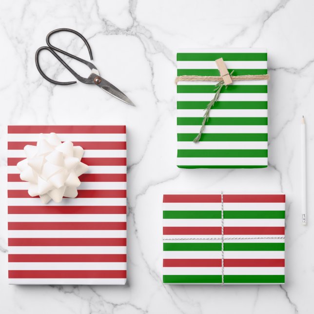 Dark Red, Green and White Stripes Wrapping Paper Sheets (Front)