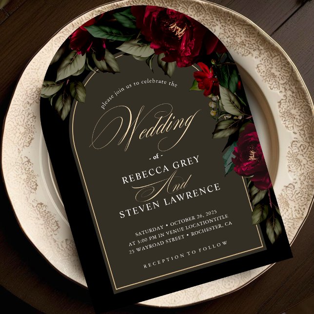 Dark red green floral moody gothic wedding arch invitation (Creator Uploaded)