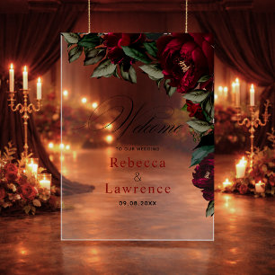 Dark red green floral moody gothic wedding welcome acrylic sign