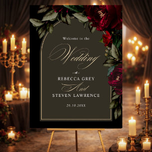 Dark red green floral moody gothic wedding welcome foam board