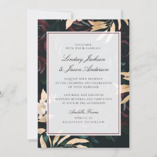 Dark Red & Green Gold Moody Elegant Floral Wedding Invitation