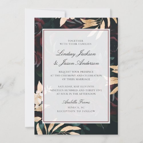 Dark Red  Green Gold Moody Elegant Floral Wedding Invitation