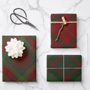 DARK RED & GREEN HOLIDAY CHRISTMAS PLAID PATTERN WRAPPING PAPER SHEETS