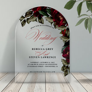 Dark Red Green Moody Gothic Floral Wedding Arch Acrylic Invitations