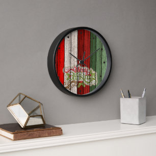 Dark Red Green Weathered Wooden Planks Pattern Clock