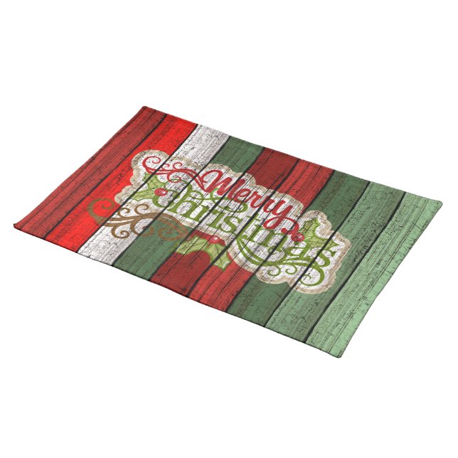 Dark Red Green Weathered Wooden Planks Pattern Cloth Placemat (On Table)