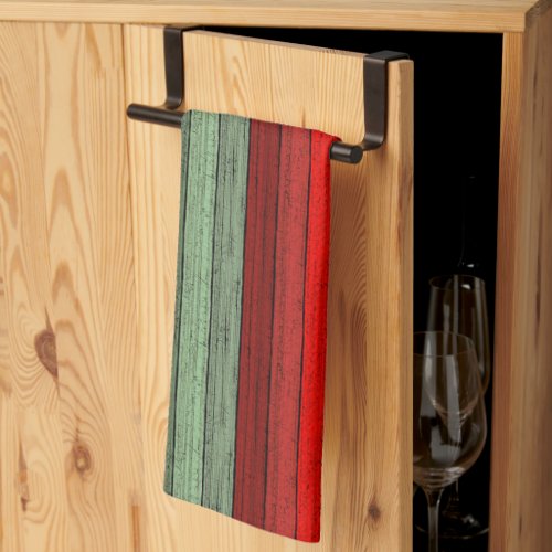 Dark Red Green Weathered Wooden Planks Pattern Kitchen Towel