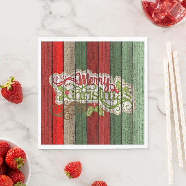 Dark Red Green Weathered Wooden Planks Pattern Napkins (Insitu)