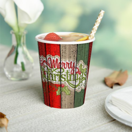Dark Red Green Weathered Wooden Planks Pattern Paper Cups