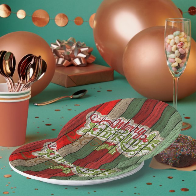 Dark Red Green Weathered Wooden Planks Pattern Paper Plates (Multi)