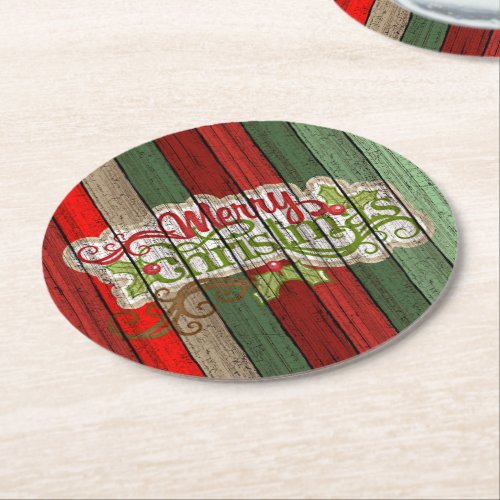 Dark Red Green Weathered Wooden Planks Pattern Round Paper Coaster