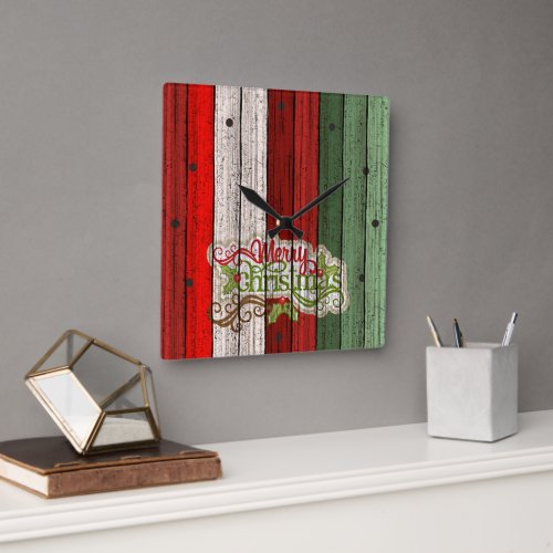 Dark Red Green Weathered Wooden Planks Pattern Square Wall Clock