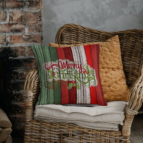 Dark Red Green Weathered Wooden Planks Pattern Throw Pillow