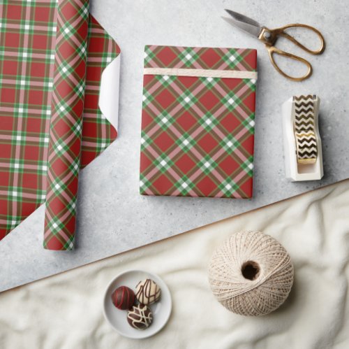 Dark Red Green White Plaid Squares Pattern Wrapping Paper