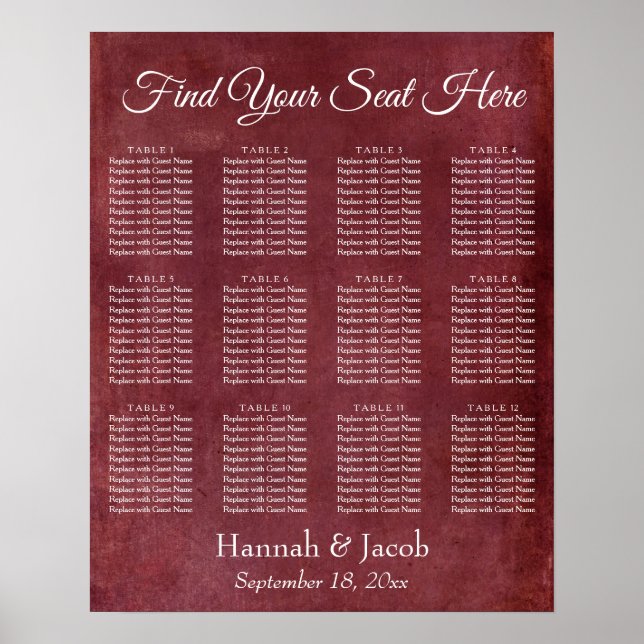 Dark Red Grunge Reception Seating Chart (Front)