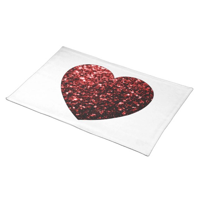 Dark red heart faux glitter sparkles cloth placemat (On Table)
