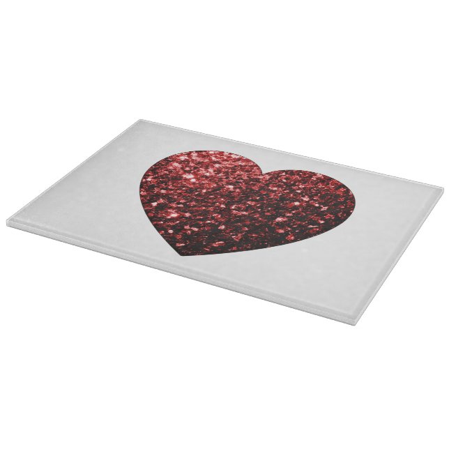 Dark red heart faux glitter sparkles cutting board (Corner)