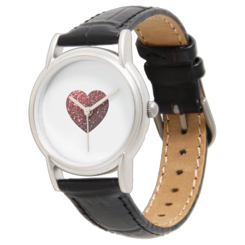 Dark red heart faux glitter sparkles watch