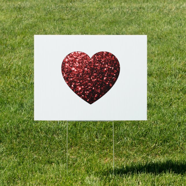Dark red heart faux glitter sparkles yard sign (Insitu)