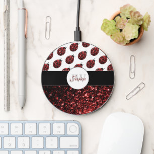 Dark red heart glitter sparkles pattern Monogram W Wireless Charger