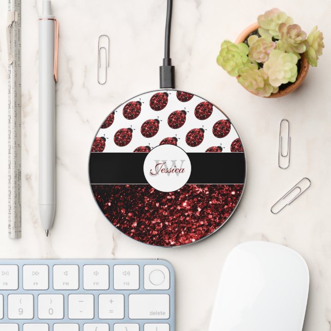 Dark red heart glitter sparkles pattern Monogram W Wireless Charger (Desk)