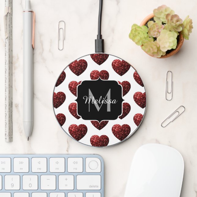 Dark red heart glitter sparkles pattern Monogram Wireless Charger (Desk)