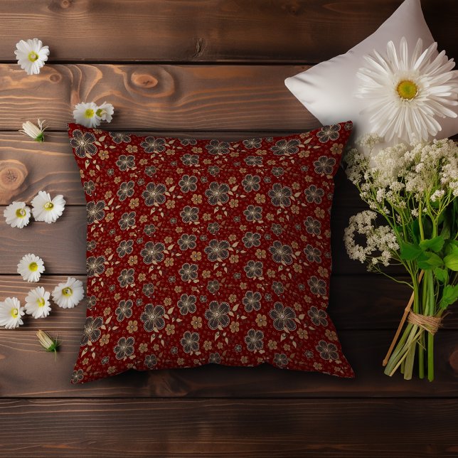 Dark red Home Decor with Brown Flowers Throw Pillow (Creator Uploaded)
