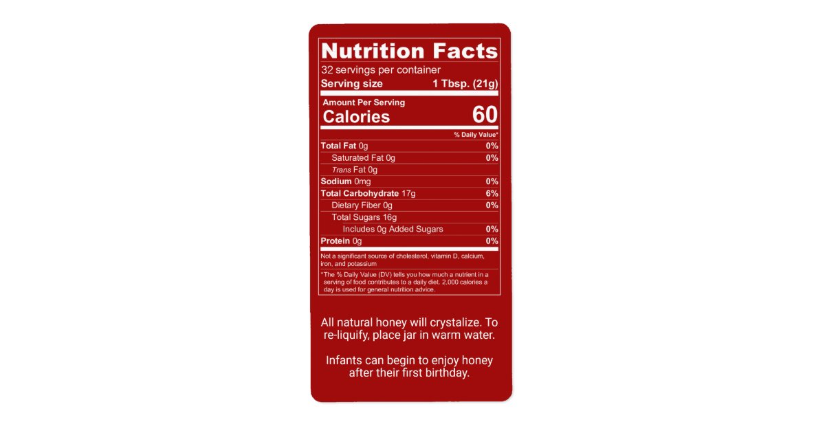 Dark Red Honey Nutrition Facts + Infant Warning Label  