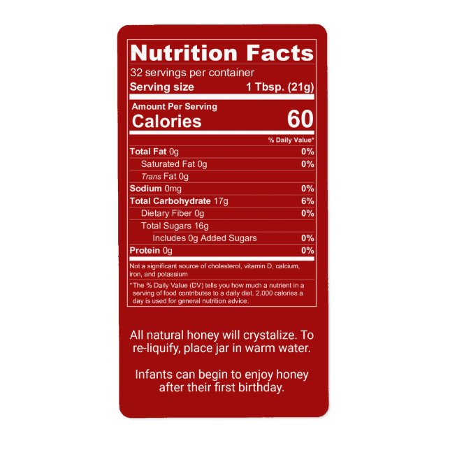 Dark Red Honey Nutrition Facts + Infant Warning Label (Front)
