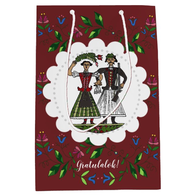 Dark Red Hungarian Wedding Couple Congratulations! Medium Gift Bag (Front)