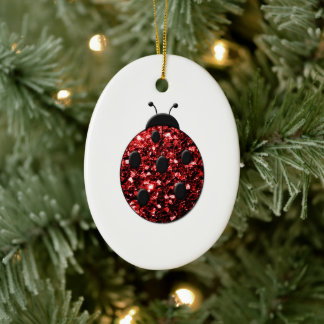 Dark red ladybug faux glitter sparkles ceramic ornament