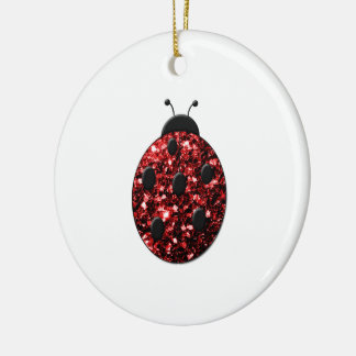 Dark red ladybug faux glitter sparkles ceramic ornament