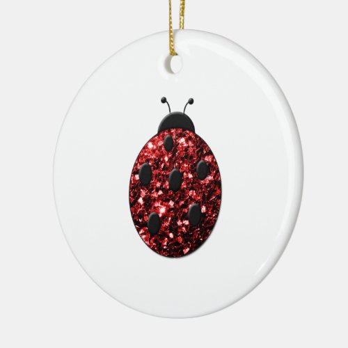 Dark red ladybug faux glitter sparkles ceramic ornament