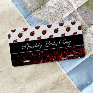 Dark red ladybug faux glitter sparkles Custom text License Plate