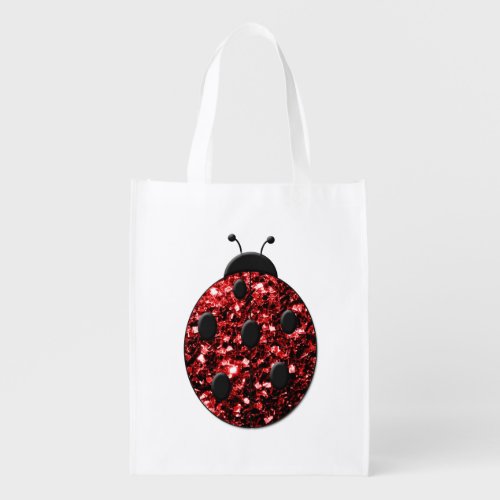 Dark red ladybug faux glitter sparkles grocery bag