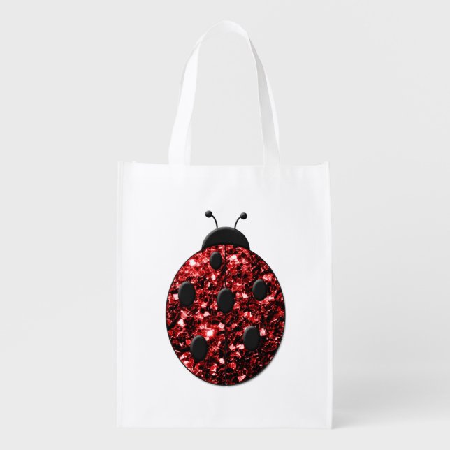 Dark red ladybug faux glitter sparkles grocery bag (Front)