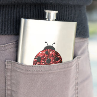 Dark red ladybug faux glitter sparkles hip flask