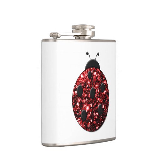 Dark red ladybug faux glitter sparkles hip flask