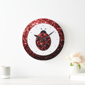 Dark red ladybug faux glitter sparkles large clock