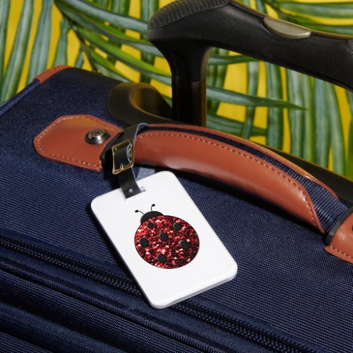 Dark red ladybug faux glitter sparkles luggage tag