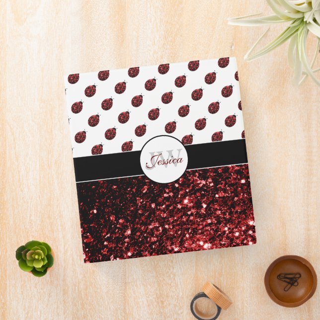 Dark red ladybug faux glitter sparkles Monogram 3 Ring Binder (In Situ)