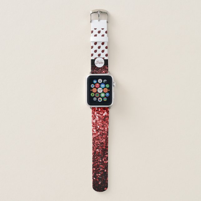 Dark red ladybug faux glitter sparkles Monogram Apple Watch Band (Front)