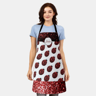 Dark red ladybug faux glitter sparkles Monogram Apron