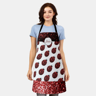 Dark red ladybug faux glitter sparkles Monogram Apron